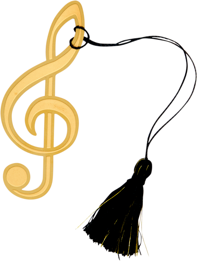 Ein goldenes Lesezeichen in Form eines Violinschlüssels mit schwarzer Quaste am oberen Ende.