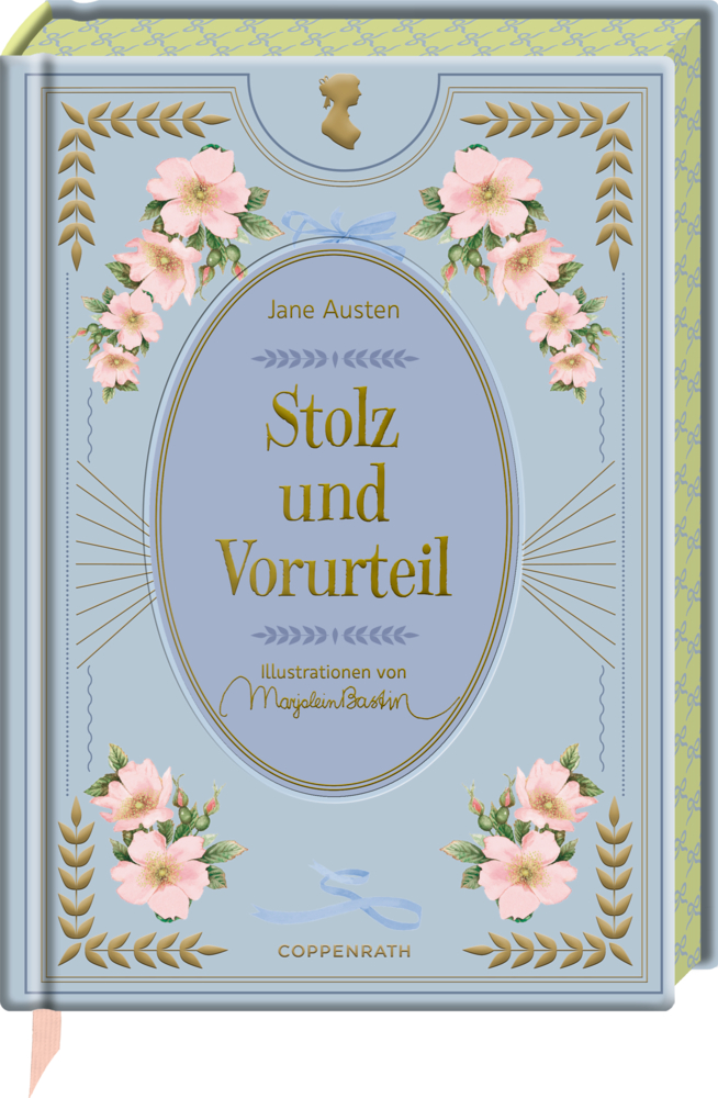 Hellblaues Cover von „Stolz und Vorurteil“ von Jane Austen, mit rosa Blumen und goldenen Akzenten.