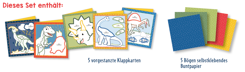 Fünf bunte Dinosaurierkarten und fünf Blätter selbstklebendes farbiges Papier, angeordnet auf weißem Hintergrund.