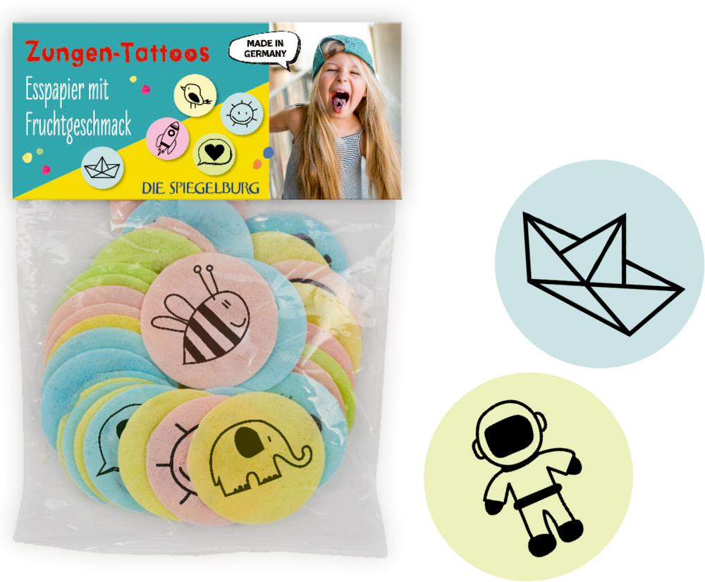 Bunte essbare Zungentattoos mit lustigen Designs: Biene, Elefant, Astronaut und Papierboot.