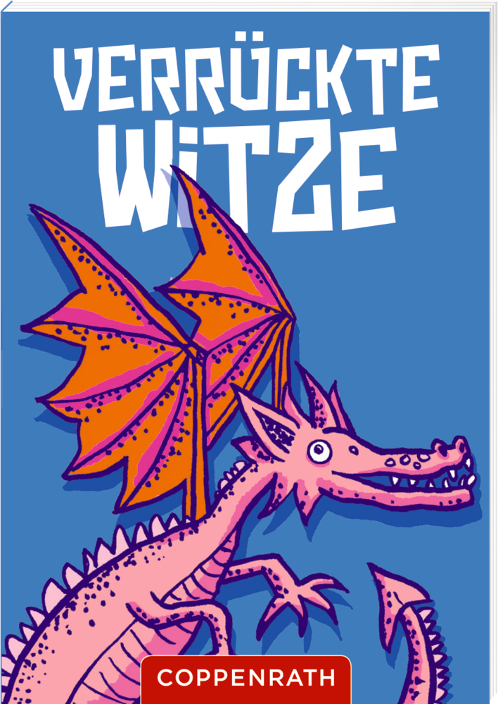 Rosa Cartoon-Drache mit orangefarbenen Flügeln auf blauem Hintergrund, darüber der Text „Verrückte Witze“.