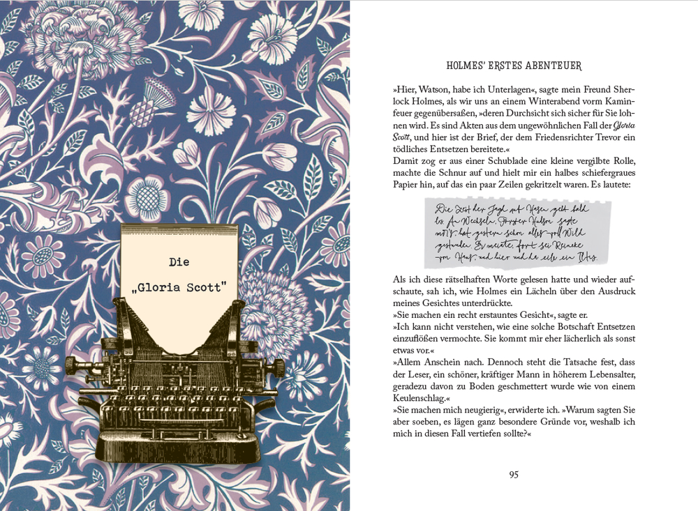 Innenansicht mit deutschem Text rechts und einer Schreibmaschine mit blau-rosa Blumentapete im Hintergrund auf der linken Seite.