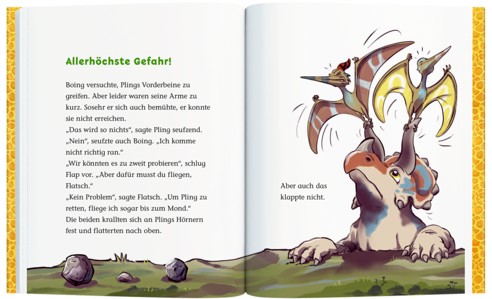 Aufgeschlagene Buchseite: Rechts sind ein Triceratops und zwei Flugsaurier abgebildet. Links ist Text zu sehen.