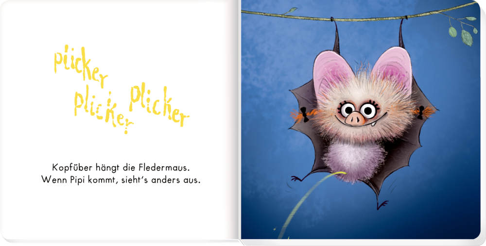 Eine süße Fledermaus hängt von einem Ast und macht Pipi, mit großen Augen und flauschigen Ohren, auf einer Doppelseite mit  Text.