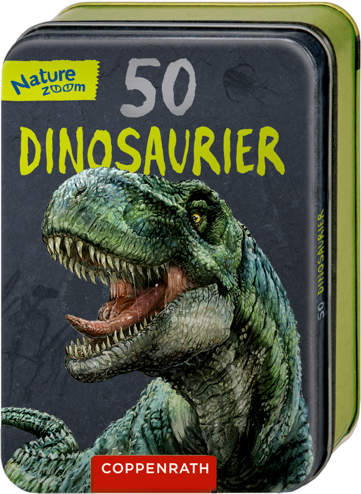 50 Dinosaurier (Nature Zoom) Blechdose mit brüllendem T. Rex und der Aufschrift „50 Dinosaurier“ auf dem Deckel.