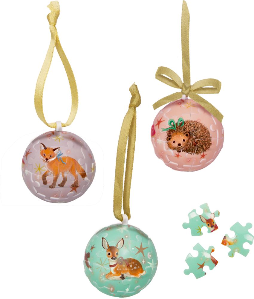 3 Puzzlekugelnn mit Tiermotiven und goldenen Bändern sowie 3 passenden Puzzleteilen.