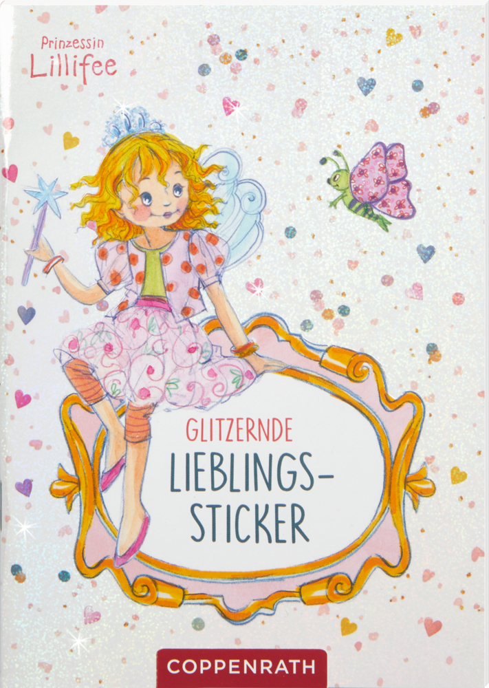 Lillifee mit Zauberstab sitzt auf verziertem Rahmen, hinter ihr glitzernder Hintergrund.
