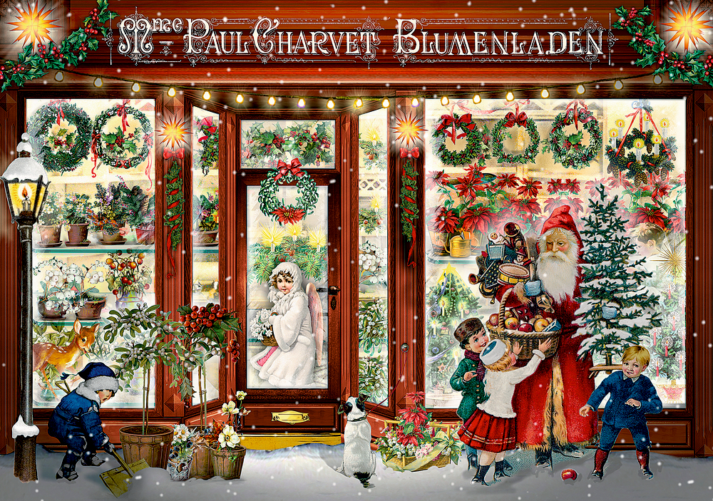 Festlicher Blumenladen zu Weihnachten mit Weihnachtsmann, Kindern und Weihnachtsdekor in der verschneiten Szene.