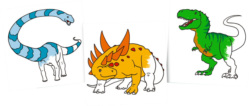 Drei Ausmalbilder von Dinosaurieren ein blauer Brachiosaurus, ein orangefarbener Stegosaurus und ein grüner T-Rex.