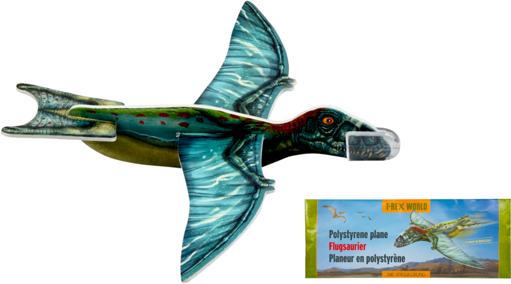Spielzeug-Pterosauriergleiter mit blauen Flügeln, daneben eine Box mit Aufschrift Polystyrene plane und T-REX WORLD.