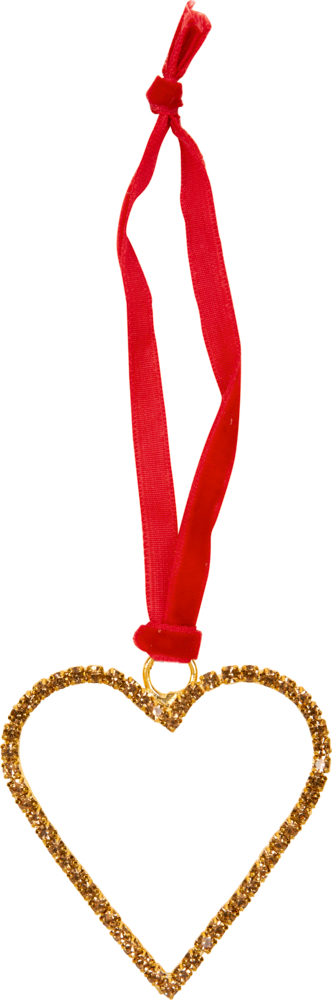 Goldenes Metalherz mit rotem Band.