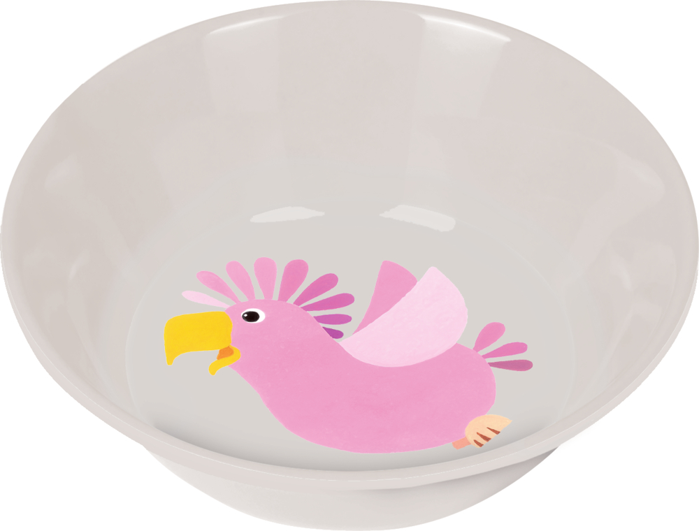 Schale Kakadu - Freche Rasselbande Weiße Schüssel mit einem bunten Cartoon-Kakadu in Rosa, einem gelben Schnabel und Flügeln auf der Innenseite des Bodens.