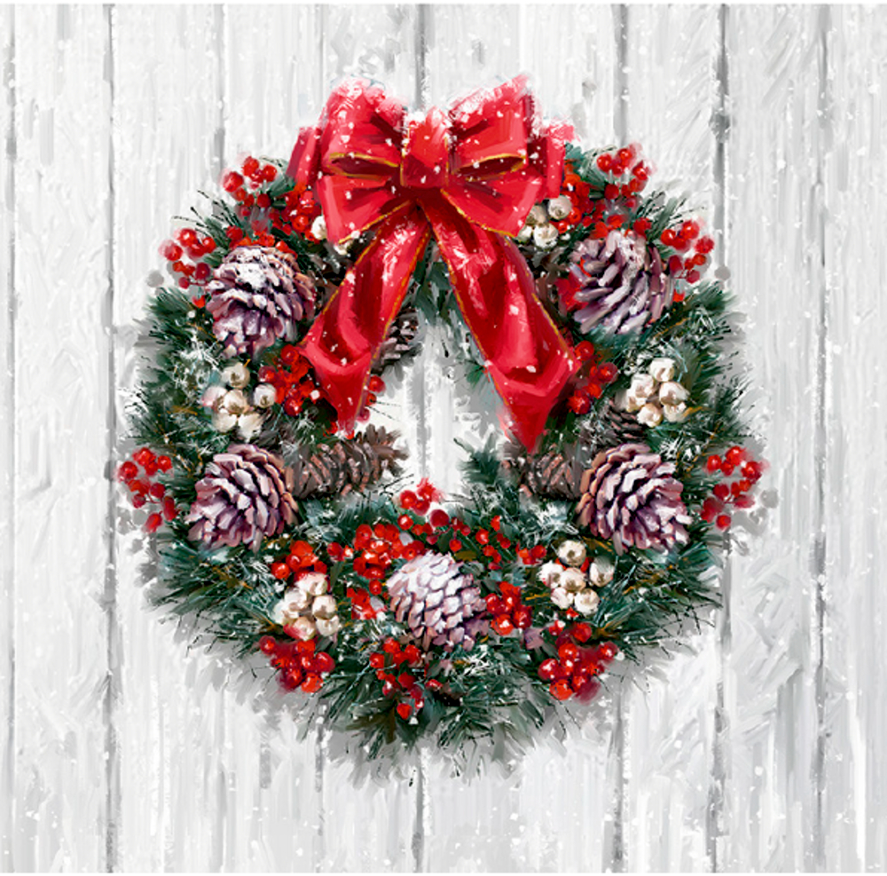 Türchenabbildung: Weihnachtskranz mit Tannenzapfen, roten Beeren und einer roten Schleife hängt an einer weißen Holzwand.