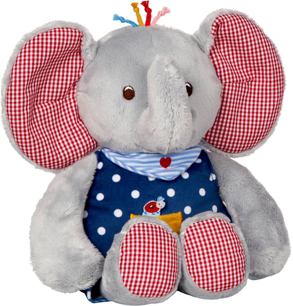 Kuschel-Elefant BabyGlück Grauer Plüschelefant mit rot karierten Ohren und Füßen, gekleidet in ein blaues gepunktetes Outfit.