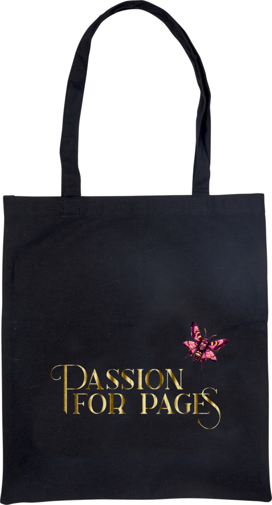 Schwarze Tragetasche mit goldener Aufschrift „Passion for Pages“ und pinkem Schmetterling darüber.