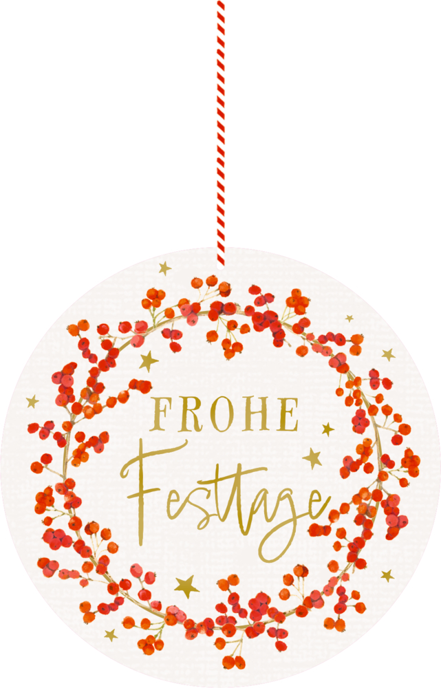 Rundes Ornament mit roten Beeren, goldenen Sternen und „Frohe Festtage“ in goldener Schrift.
