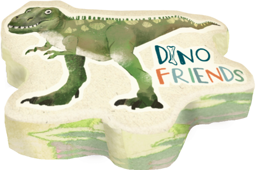 Grüner Dinosaurier und der Text „Dino Friends“ auf einem cremefarbenen, dinoförmigen Päckchen in Folie.