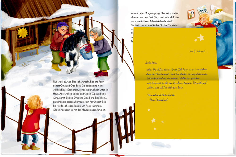 Zwei ältere Personen und ein Kind füttern ein schwarz-weißes Pony im verschneiten Hof neben einem Holzhaus, Innenansicht mit deutschem Text.