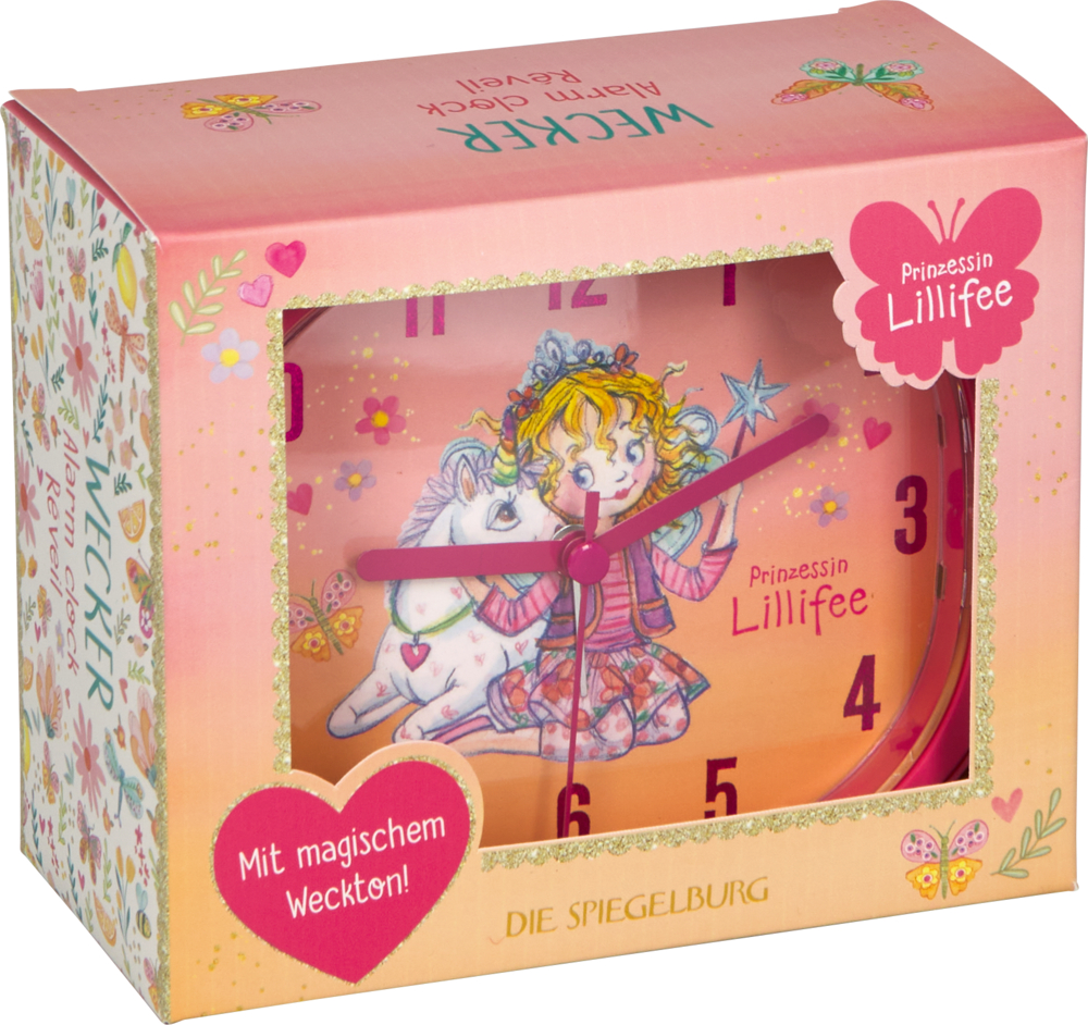 Pinkfarbener Prinzessin Lillifee Wecker mit Einhorn in dekorierter Box mit Blumenmustern und Schrift.
