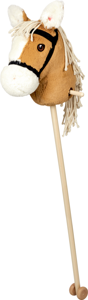 Braun-weißes Plüsch-Steckenpferd auf einem Holzstab mit Rädern und einer Mähne aus Garn.
