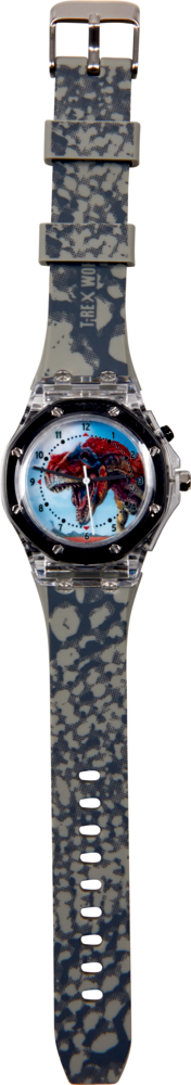 Armbanduhr - T-Rex World (mit bunter Blinkfunktion) Graue Armbanduhr mit einem Dinosaurier-Design auf dem Zifferblatt vor einem weißen Hintergrund.