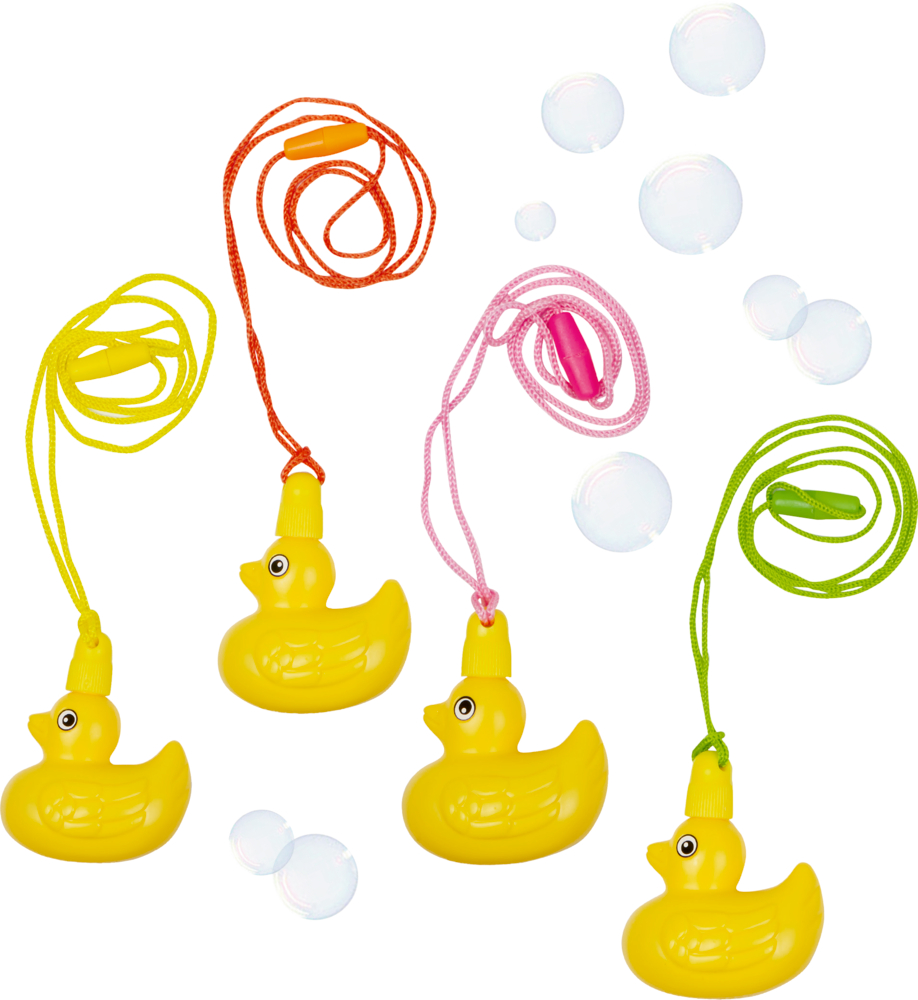 Vier gelbe Plastikenten an bunten Bändern, ringsum Seifenblasen.