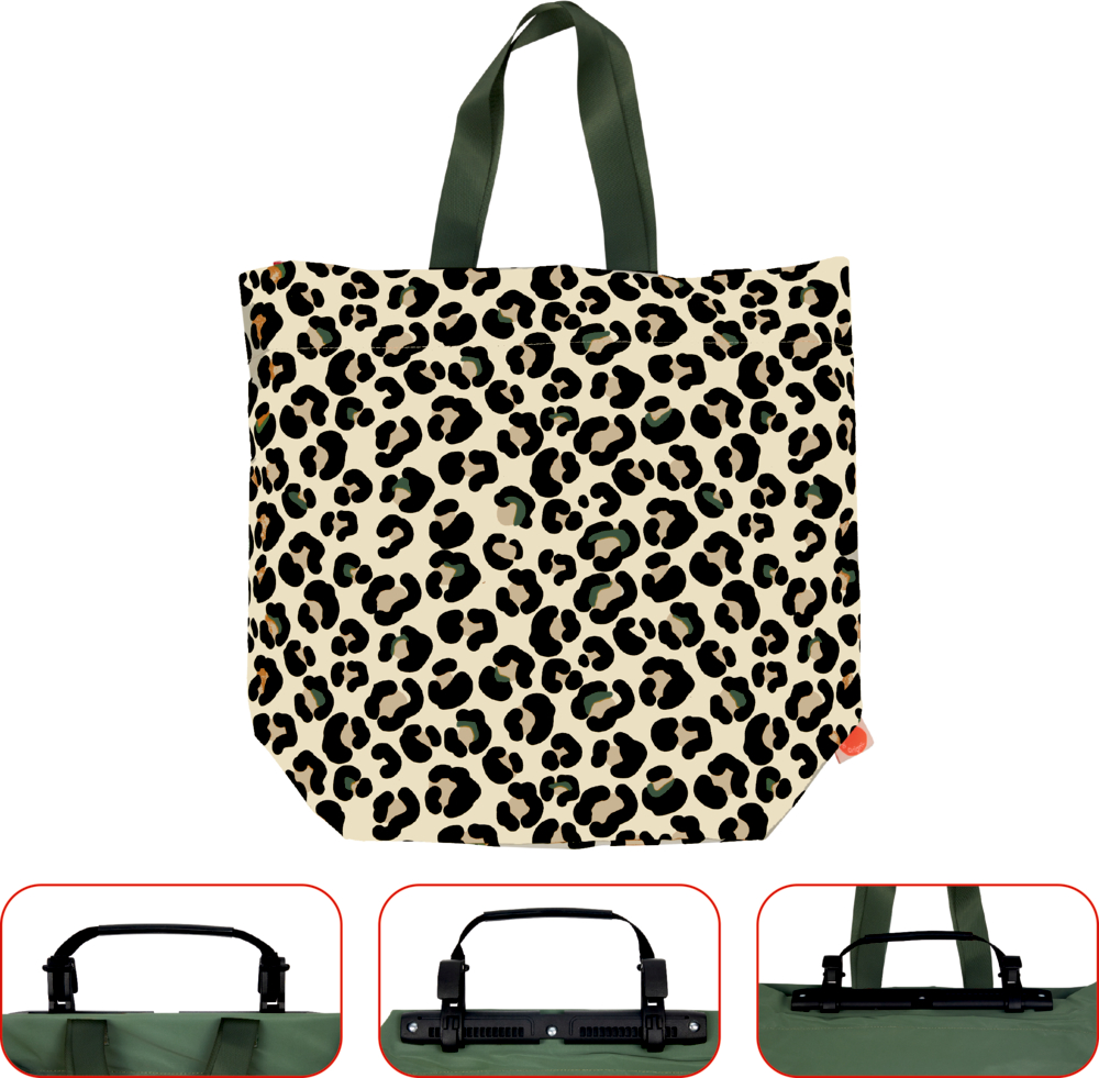 Fahrradtasche mit Leopardenmuster und grünen und schwarzen Klappgriffen, unten in drei Detailansichten gezeigt.