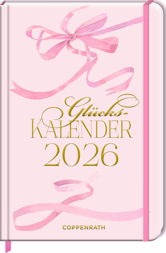 Rosafarbener Planer 2026 mit Schleifendesign und goldenem „Glücks Kalender 2026“-Text auf dem Cover.