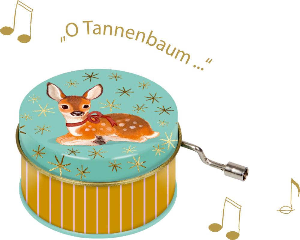 Runde Spieluhr mit Rehmotiv, Handkurbel und „O Tannenbaum…“ mit Musiknoten.