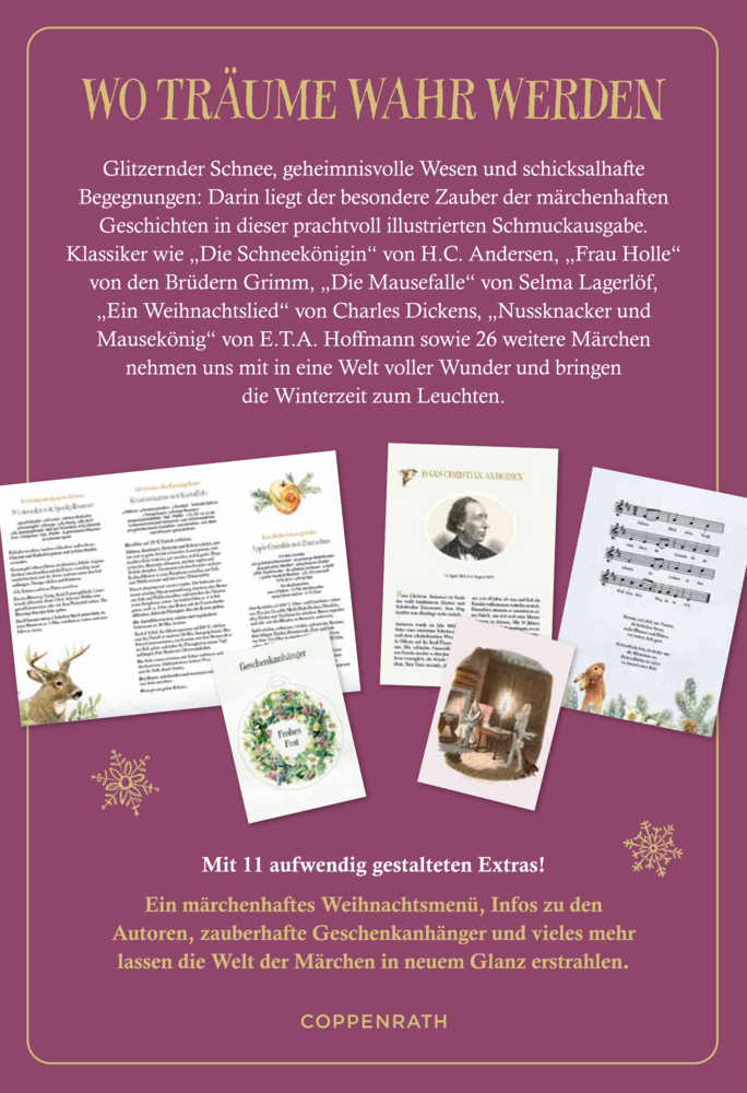 Lila Buchrückseite mit goldener Schrift und Abbildungen von illustrierten Buchseiten, Textseiten und Märchenmotiven.