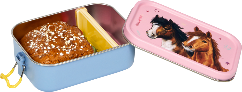 Blaue Lunchbox mit Brötchen darin, rosa Deckel mit Abbildungen von zwei Pferden verziert.
