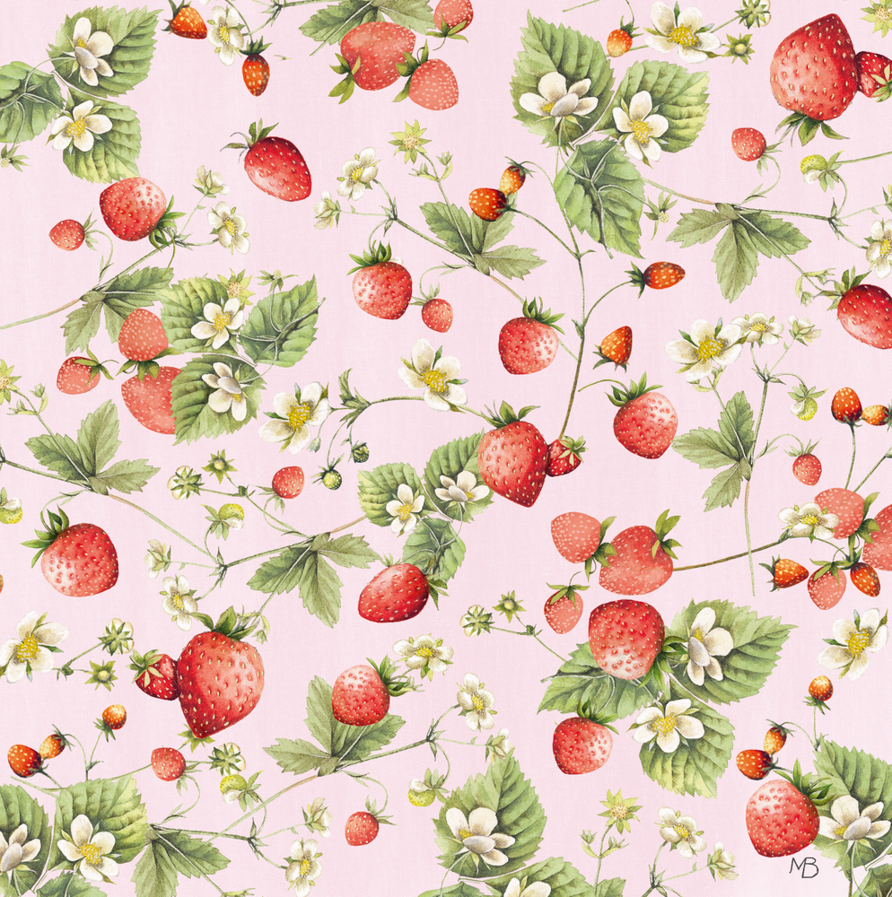 Erdbeeren, grüne Blätter und weiße Blumen auf hellrosa Hintergrund.