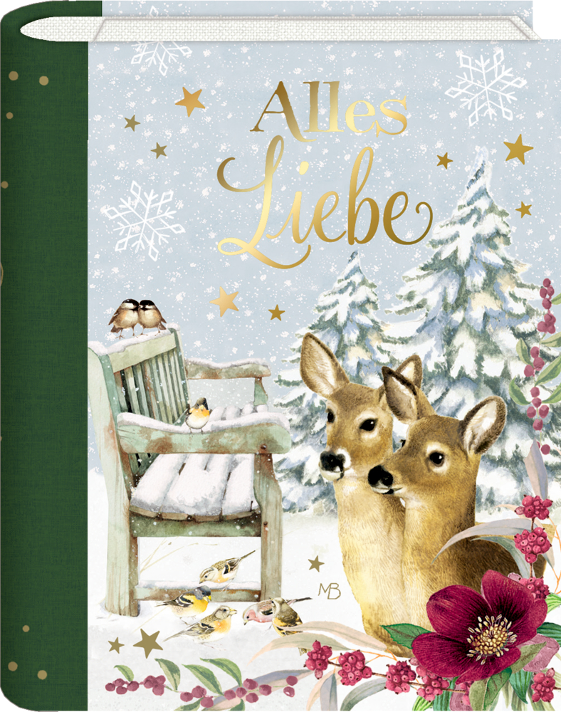 Geschenkverpackung in Buchform mit grünem Rücken, winterlichem Motiv mit zwei Rehen, Vögeln, verschneiter Bank, Tannen und Text „Alles Liebe“.