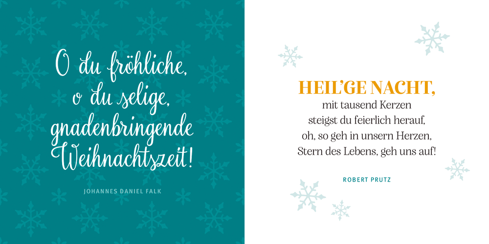 Innenansicht auf der linken Seite befindet sich ein Weihnachtszitat in Weiß auf Blaugrün und rechts das Feiertagszitat in Schwarz und Gold auf Weiß mit Schneeflocken.