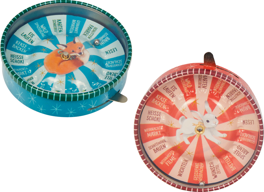 Zwei bunte Entscheidungsroulette aus Blech, jedes mit Tierillustrationen und Wörtern auf den Abschnitten.