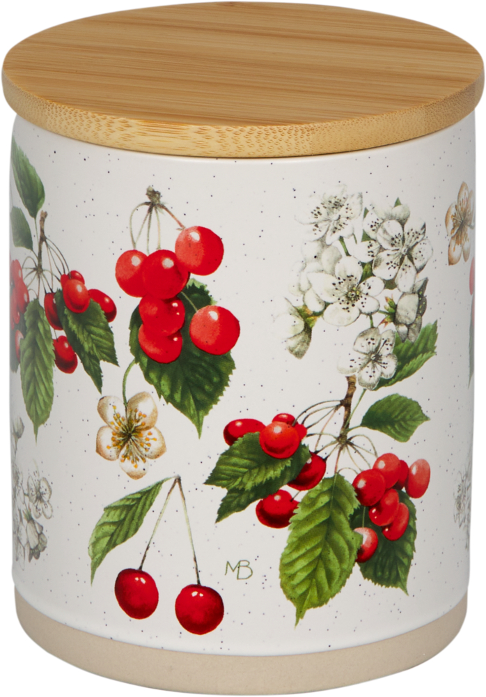 Weiße Keramikdose mit Holzdeckel, verziert mit Kirsch- und Blütenmotiven.