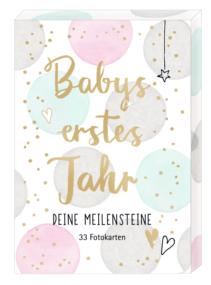 Fotokarten-Box Babys erstes Jahr - Deine Meilensteine Box mit pastellfarbenen Kreisen und goldenen Punkten. Text: Babys erstes Jahr – Deine Meilensteine – 33 Fotokarten.