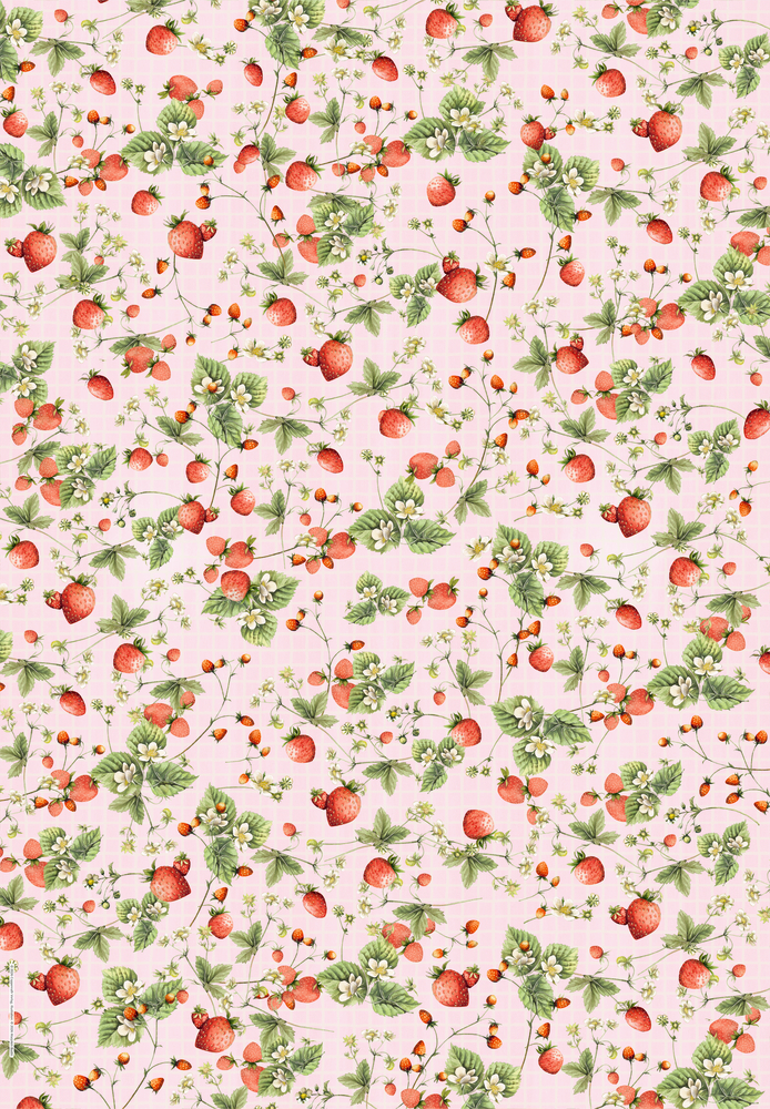 Erdbeeren, Blätter und kleine Blumen sind auf einem hellrosa Hintergrund angeordnet.