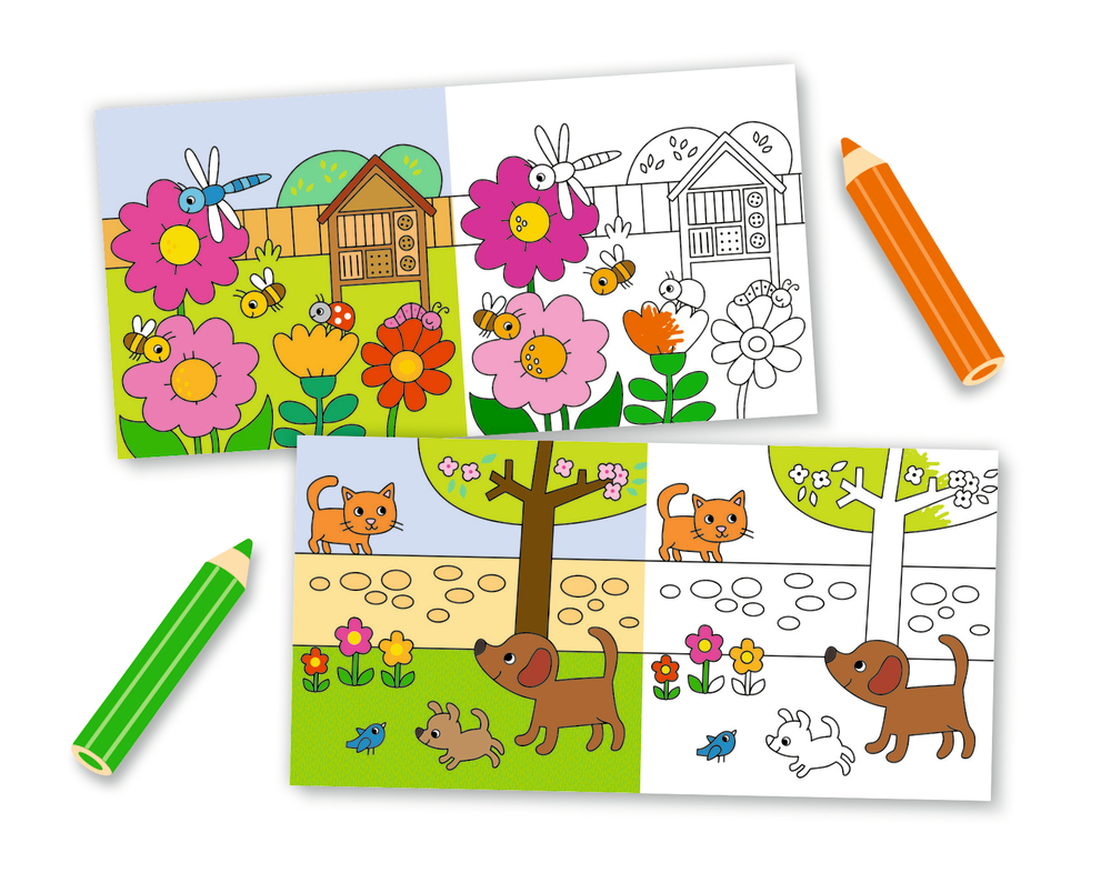 Zwei Malvorlagen mit Tiere, Blumen, Häuser und daneben eine teilweise mit Buntstiften ausgemalte.