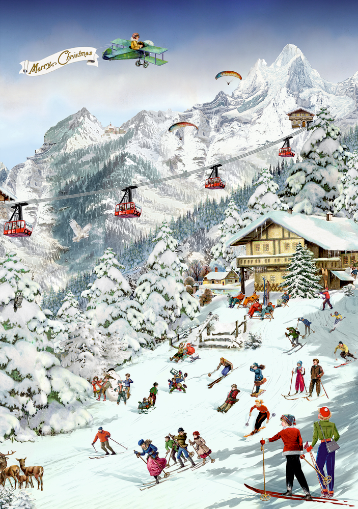 Menschen fahren Ski und Schlitten auf verschneitem Hang mit Seilbahn, Berghütten und schneebedeckten Bergen im Hintergrund.
