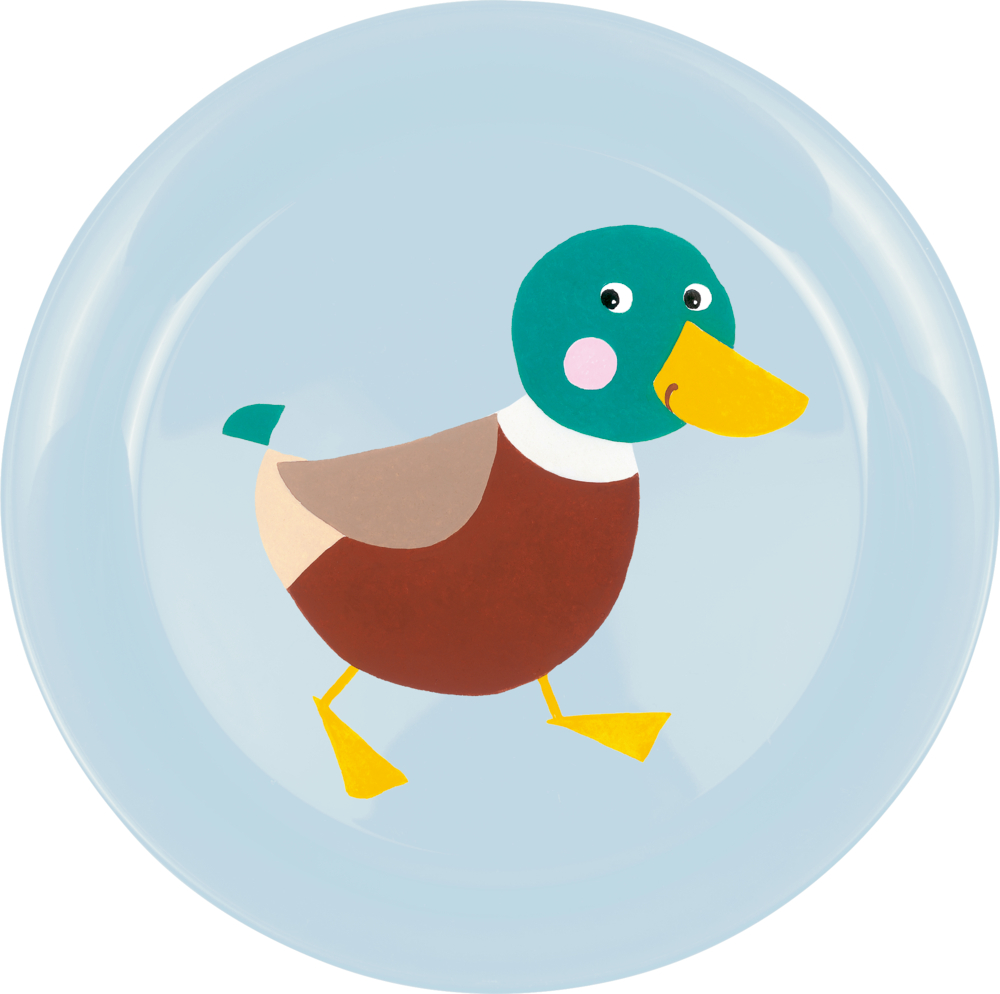 Teller Ente - Freche Rasselbande Cartoon-Ente mit grünem Kopf und gelbem Schnabel, abgebildet auf einem hellblauen Teller.