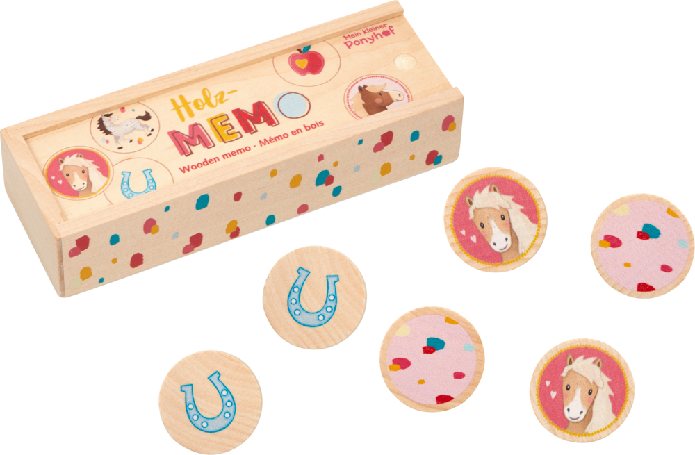 Holz-Memo - Mein kleiner Ponyhof Memospiel aus Holz mit Pferde-, Hufeisen- und Konfetti-Motiven, inklusive dekorierter Aufbewahrungsbox aus Holz.