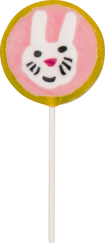 Runder Lutscher mit gelbem Küken auf blauem Hintergrund.