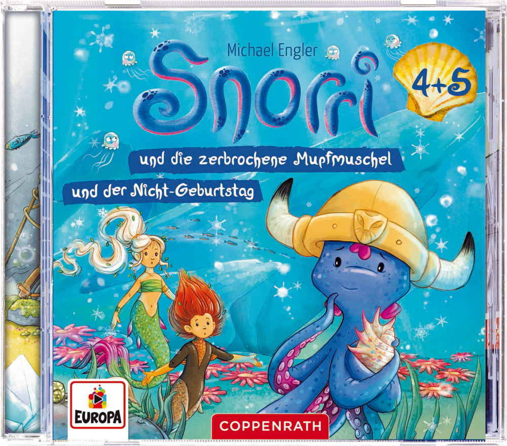 CD Hörspiel: Snorri (CD4+5) - Die zerbrochene Mupfmuschel & Der Nicht-Geburtstag Buntes CD-Cover: Blauer Oktopus mit Wikingerhelm, Meerjungfrau und Unterwasserwelt, Titelschriftzug Snorri 4 und 5.