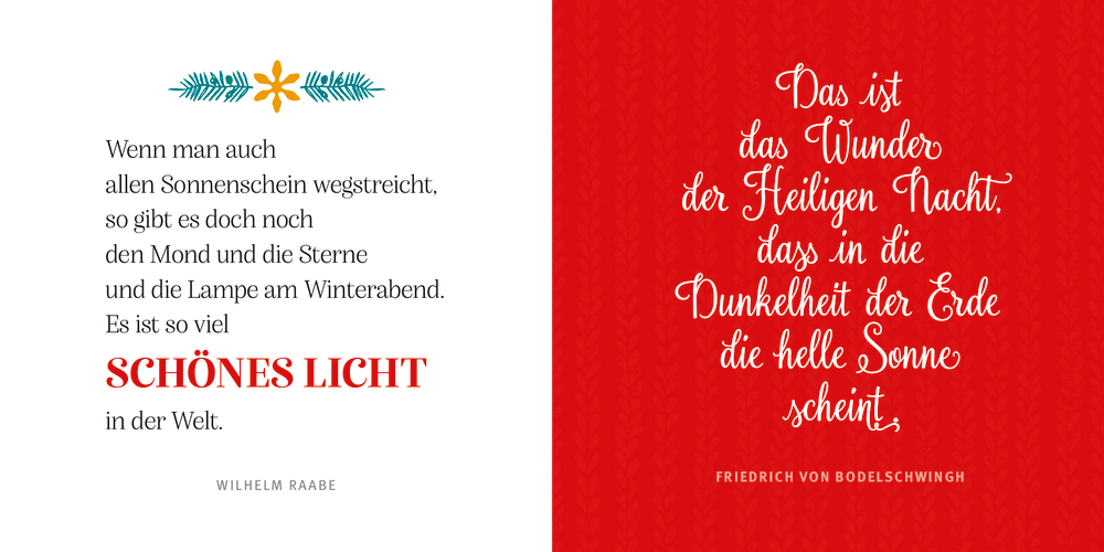 Innenansicht auf der linken Seite befindet sich Text zum Thema Lichtund rechts Heilige-Nacht-Zitat, weiße Schrift auf rotem Hintergrund.