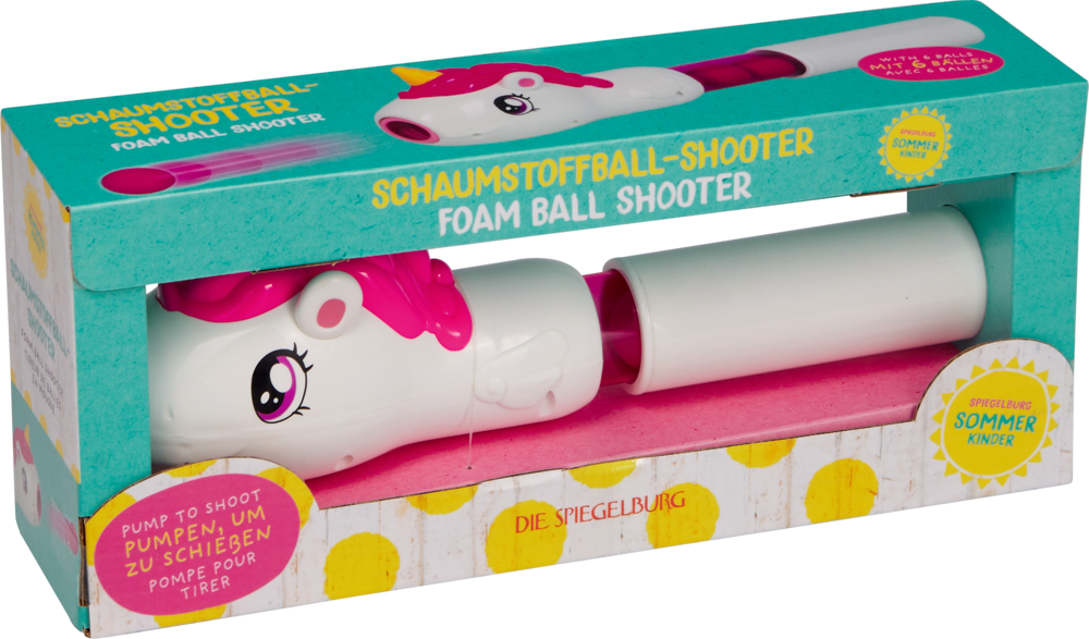 Einhorn Schaumstoffball-Shooter Spielzeug in bunter Verpackung mit Text in zwei Sprachen.