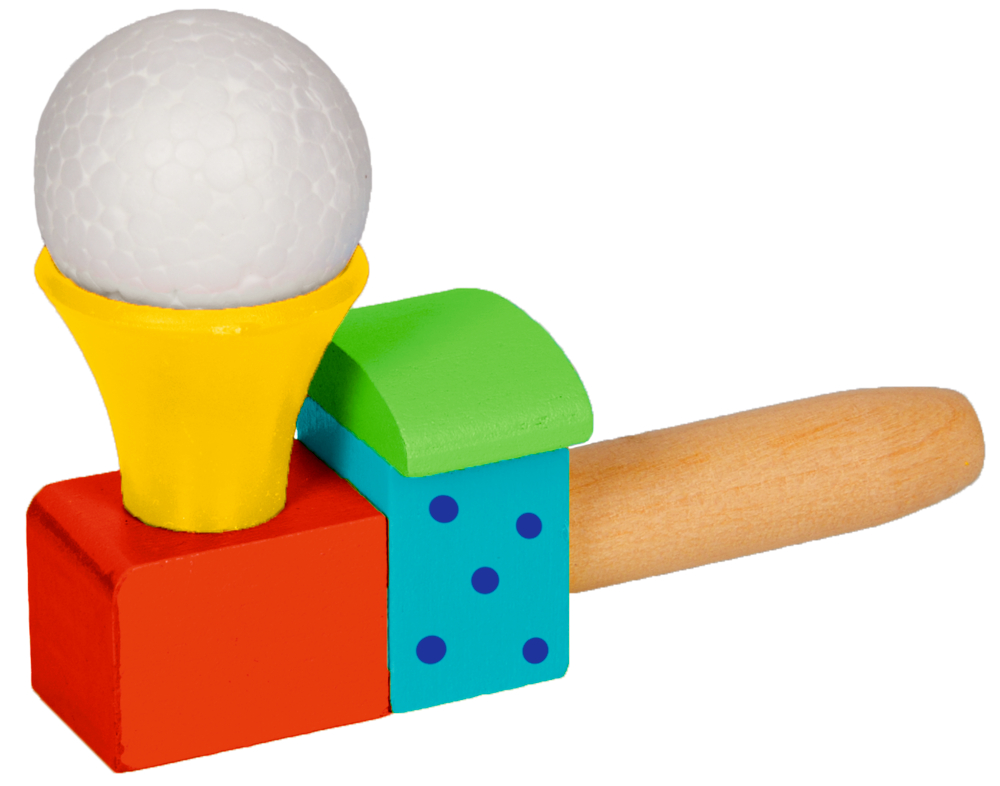 Pusteball-Spiel Lokomotive - Bunte Geschenke Buntes Pusteball-Spiel, Tischtennisball auf gelbem Becher, mit roten, blauen und grünen Blöcken.