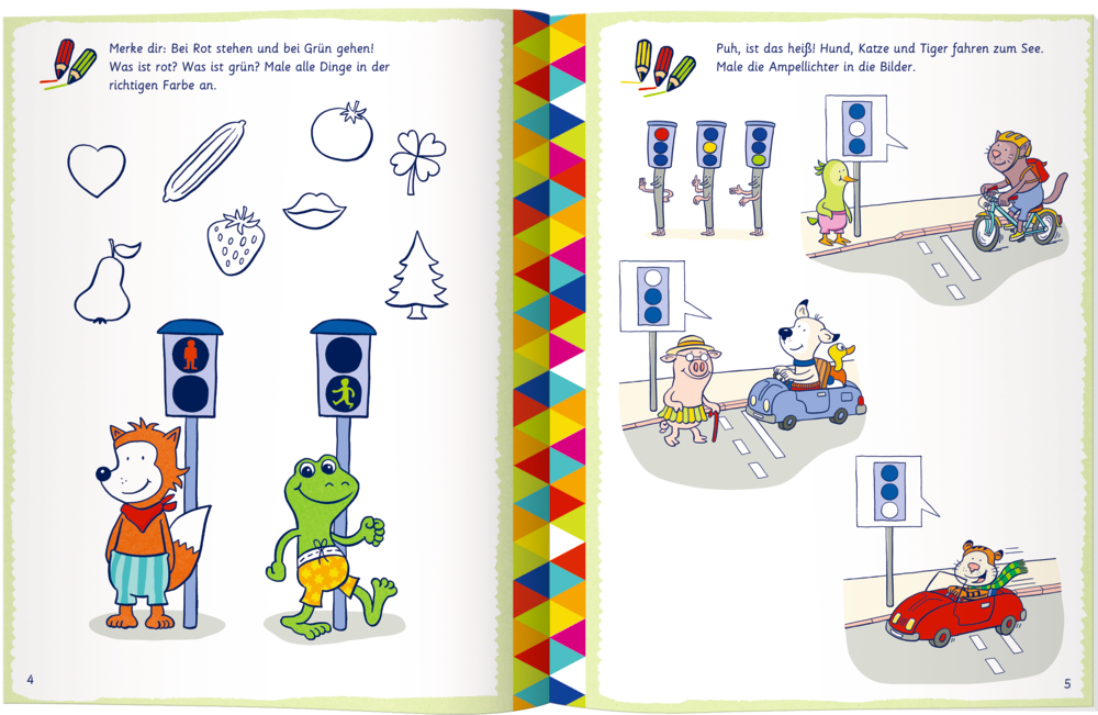 Aktivitätsseiten für Kinder: Tiere, Ampeln und Gegenstände ausmalen oder den richtigen Signalen zuordnen.