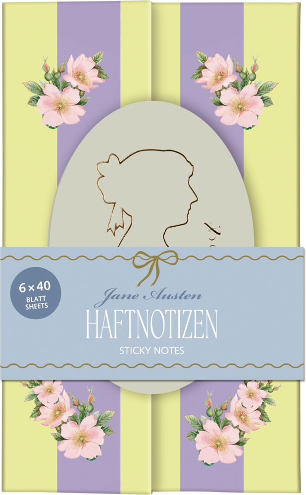 Pastellfarbene Haftnotizen mit Streifen, Blumenmustern und einer Jane Austen-Silhouette auf der Vorderseite sowie hellblauer Bandarole.