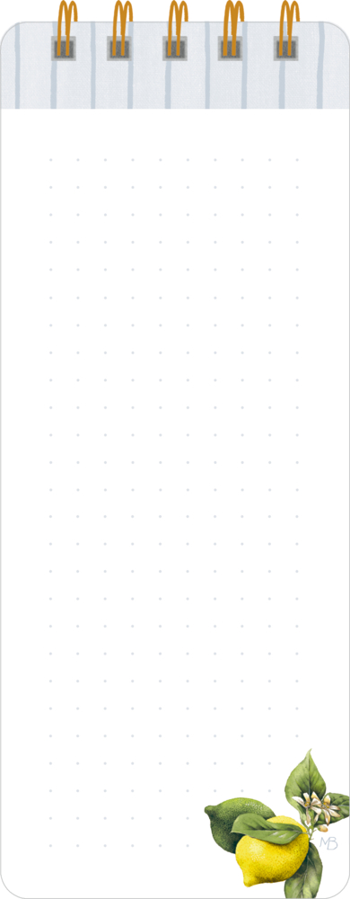 Eine Notizbuchseite mit goldenen Ringen und unten rechts einer Zitrone mit Blättern.